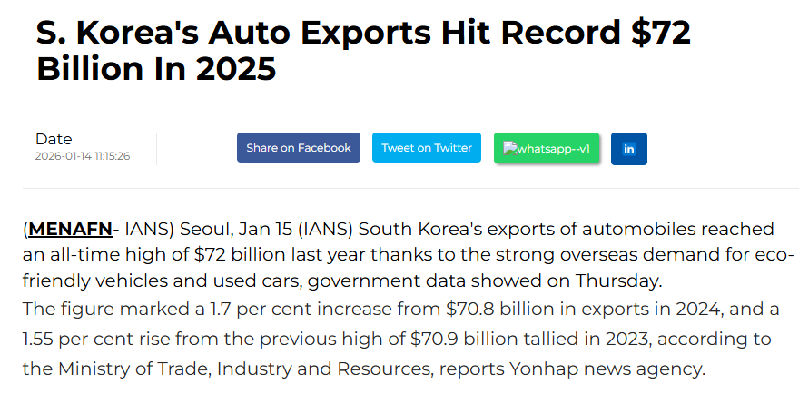 South Korea's automobile exports will reach US$72 billion in 2025, a record high